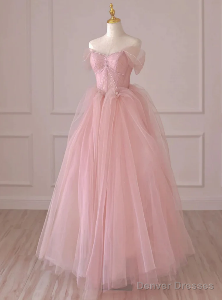 Pink Tulle Off the Shoulder Pleats Prom Dress Main image