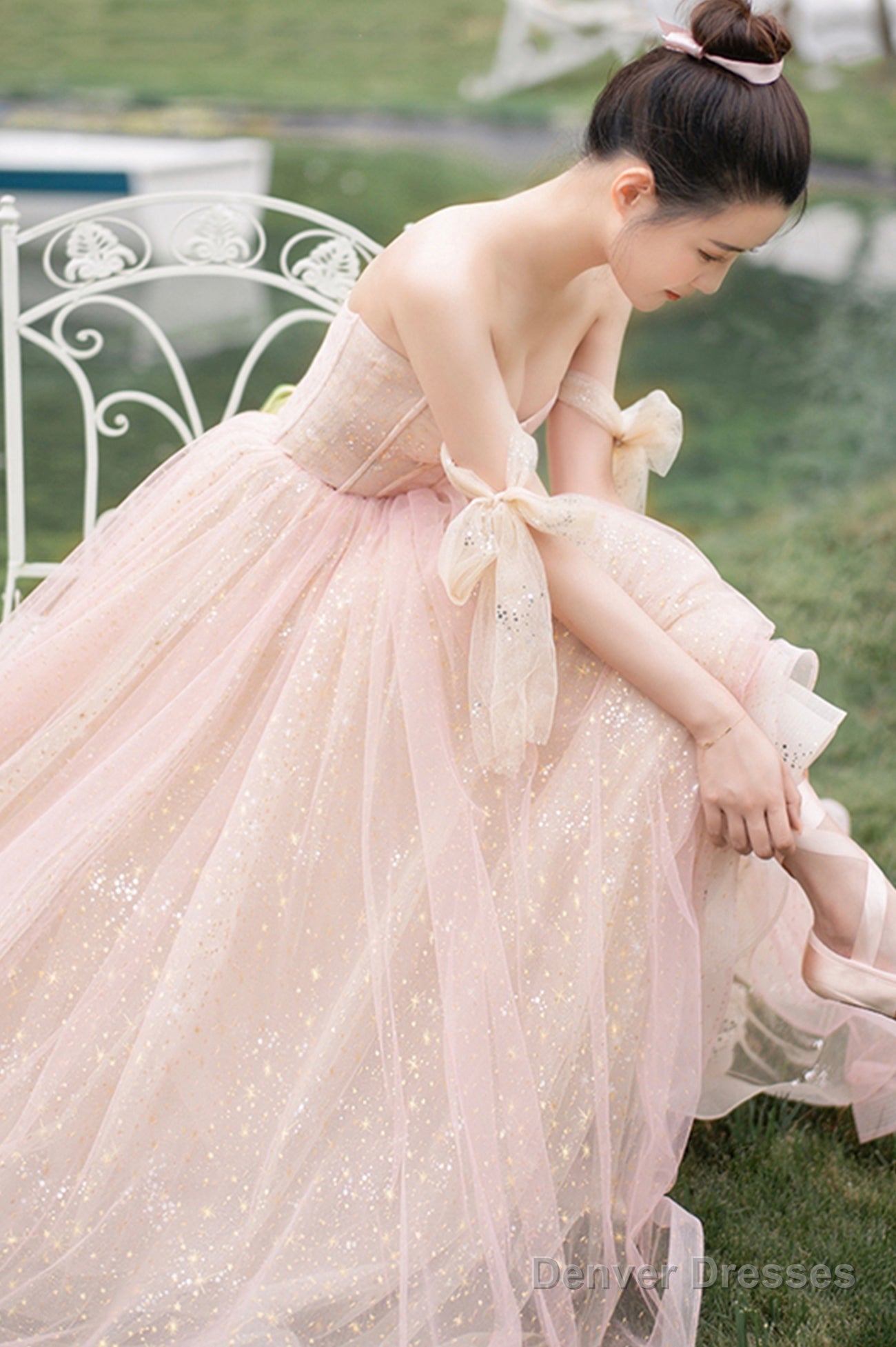 Pink Tulle Off The Shoulder Prom Dress, Cute A-Line Graduation Dress Secondary image