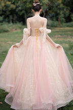 Pink Tulle Off The Shoulder Prom Dress, Cute A-Line Graduation Dress