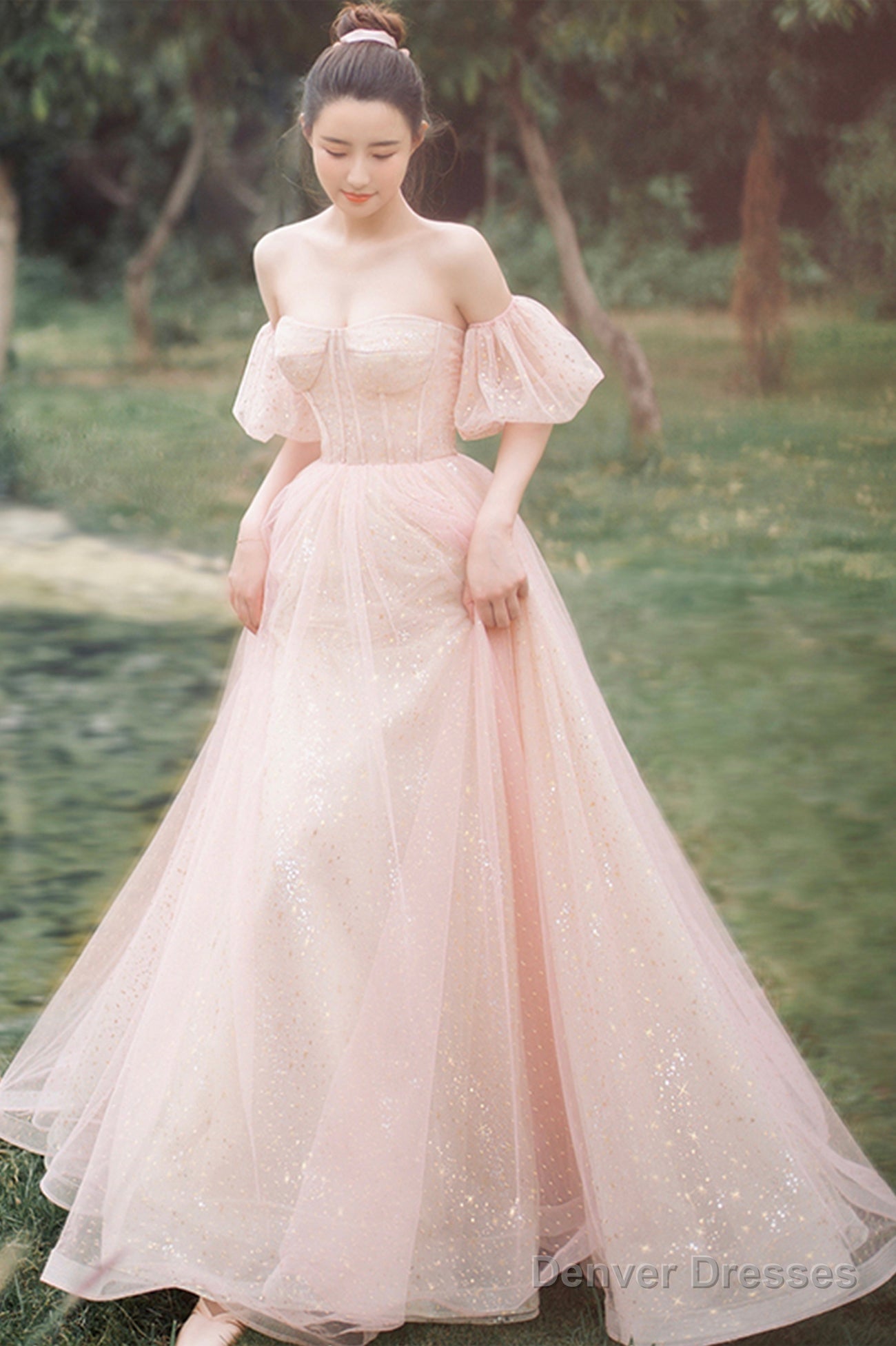 Pink Tulle Off The Shoulder Prom Dress, Cute A-Line Graduation Dress Main image