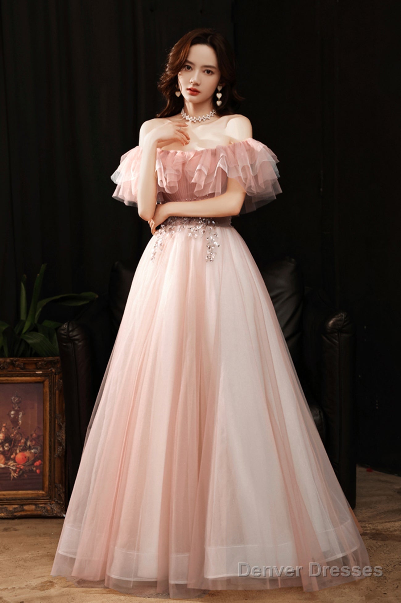 Pink Tulle Off The Shoulder Prom Dress, Lovely A-Line Graduation Dress Secondary image