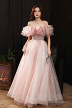 Pink Tulle Off The Shoulder Prom Dress, Lovely A-Line Graduation Dress