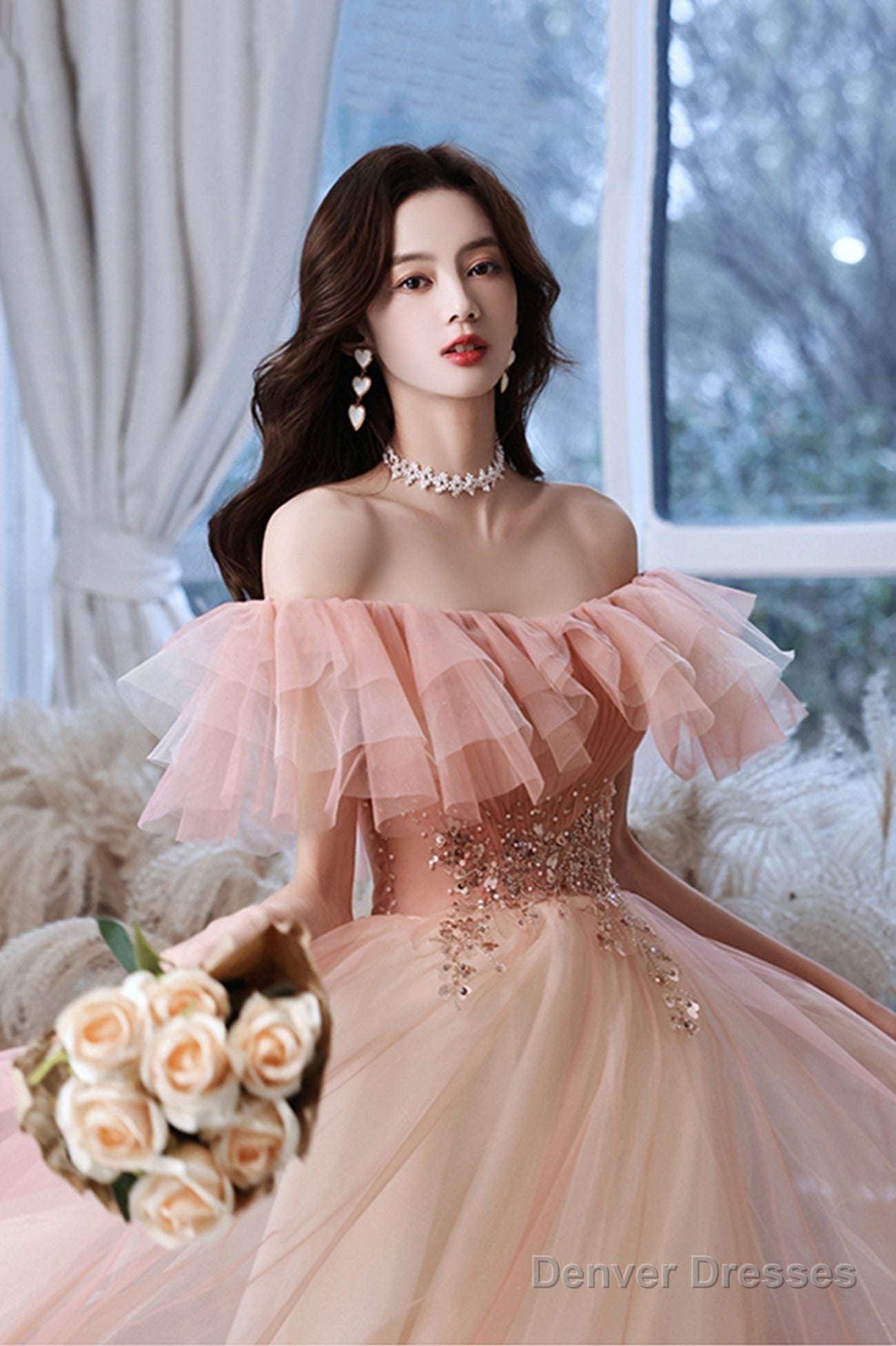 Pink Tulle Off The Shoulder Prom Dress, Lovely A-Line Graduation Dress