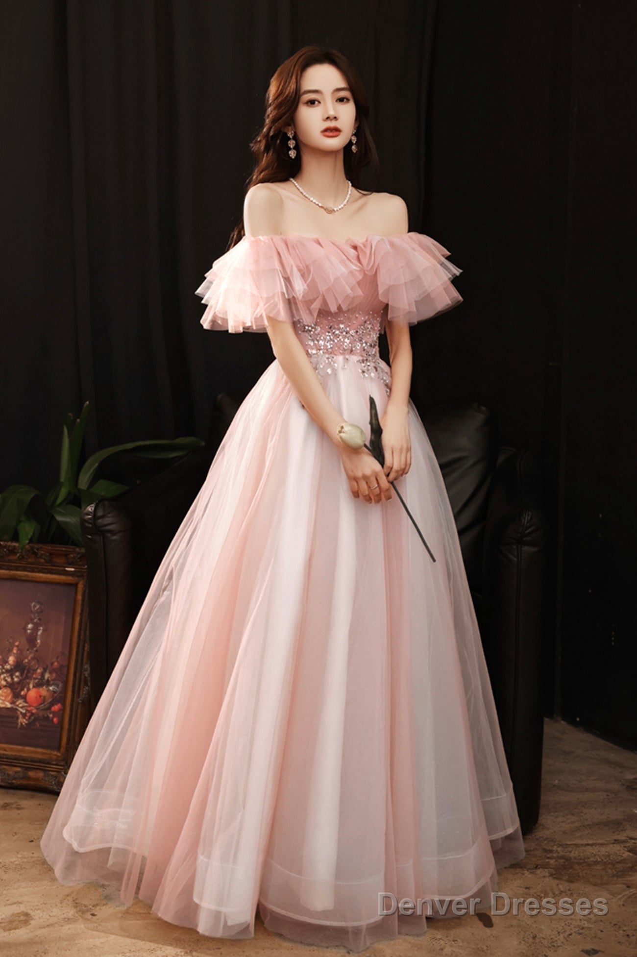 Pink Tulle Off The Shoulder Prom Dress, Lovely A-Line Graduation Dress Main image