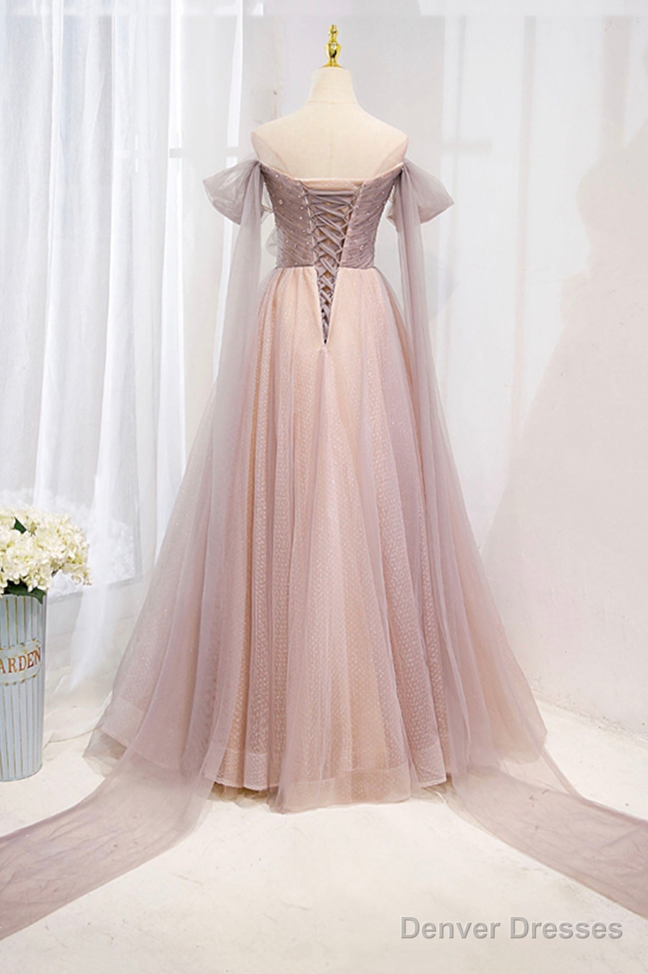 Pink Tulle Off the Shoulder Prom Dress with Beaded, A-Line Formal Evening Dress