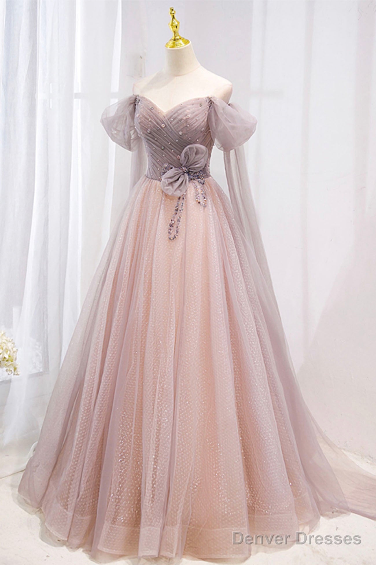 Pink Tulle Off the Shoulder Prom Dress with Beaded, A-Line Formal Evening Dress Main image