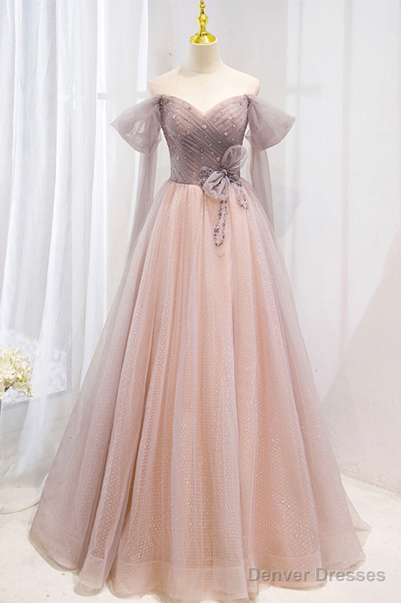 Pink Tulle Off the Shoulder Prom Dress with Beaded, A-Line Formal Evening Dress Secondary image