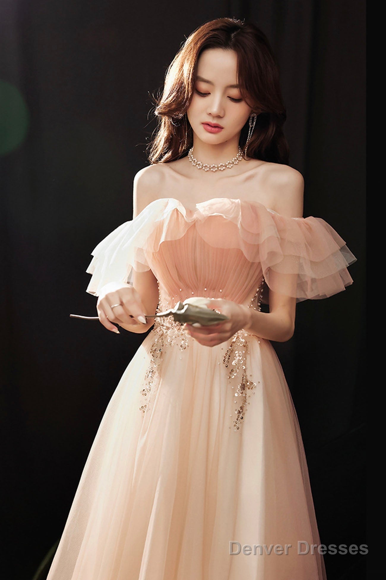 Pink Tulle Off The Shoulder Prom Dresses, A-Line Evening Dress