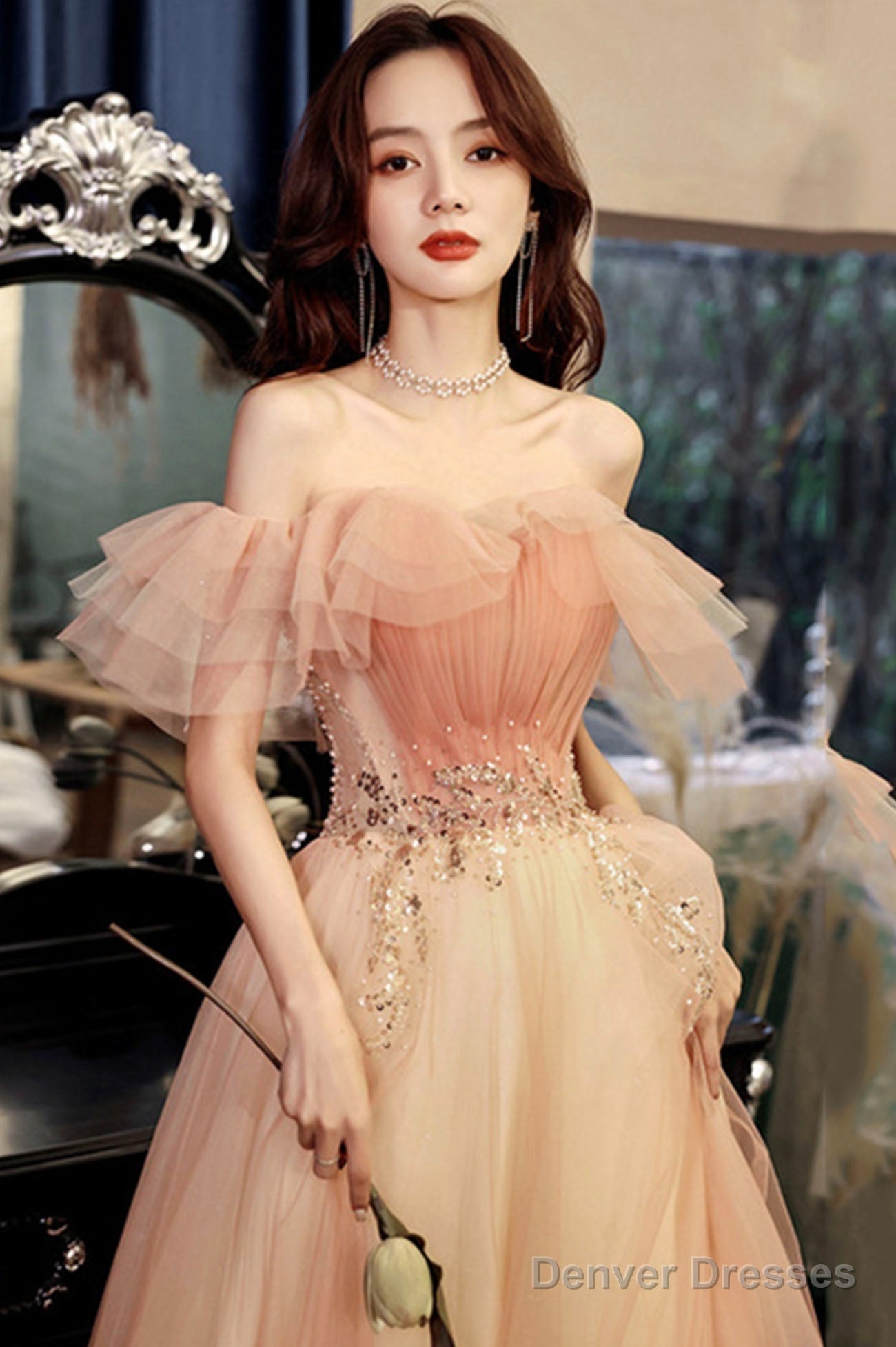 Pink Tulle Off The Shoulder Prom Dresses, A-Line Evening Dress