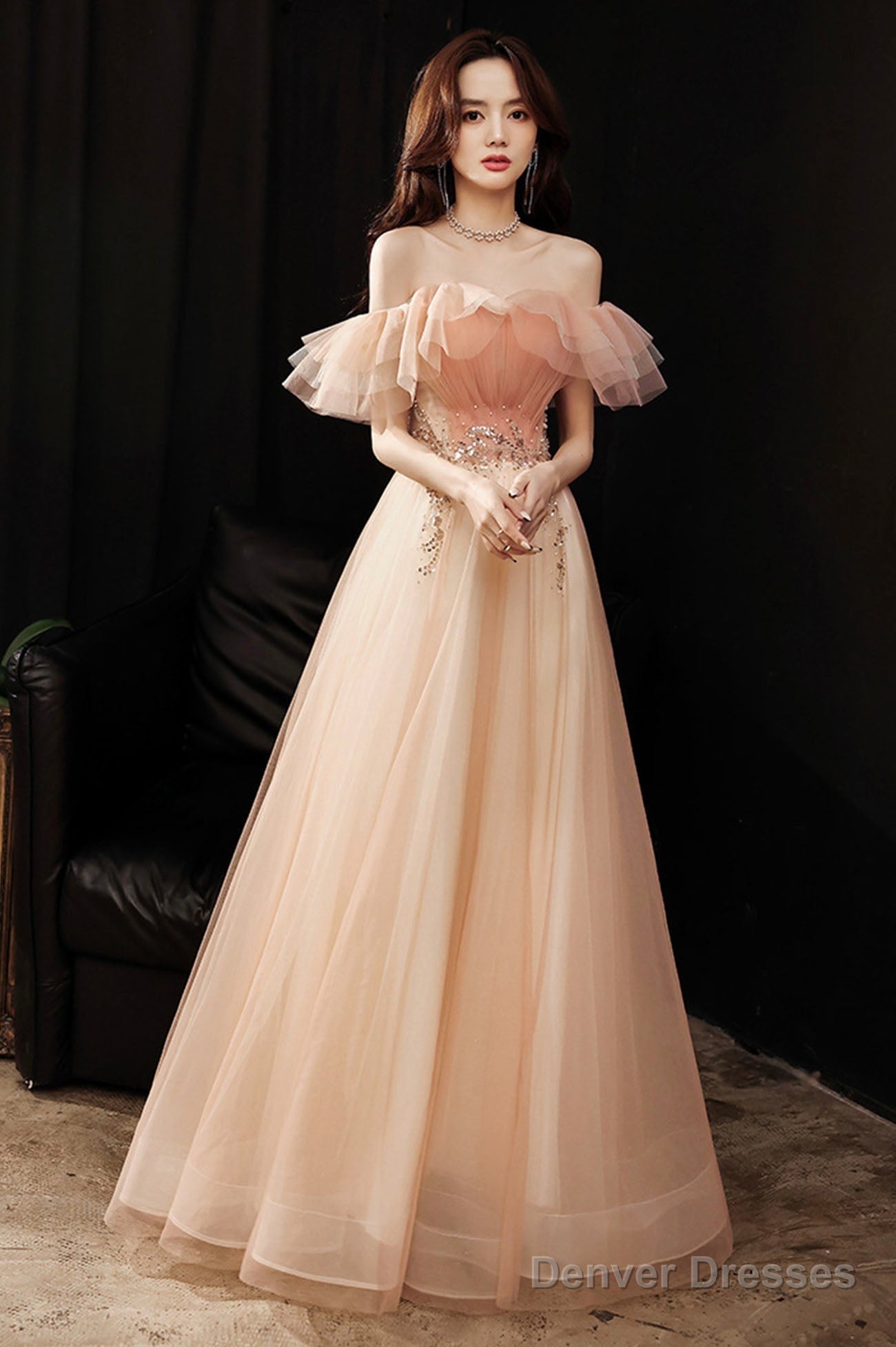 Pink Tulle Off The Shoulder Prom Dresses, A-Line Evening Dress