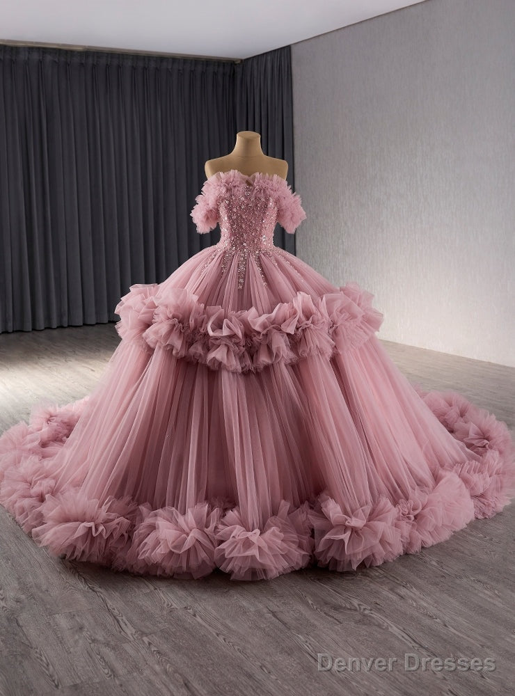 Pink Tulle Off the Shoulder Sequins Pleats Prom Dress Main image
