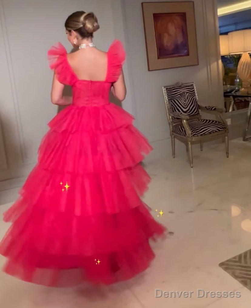 Pink tulle prom dresses long evening dress Main image