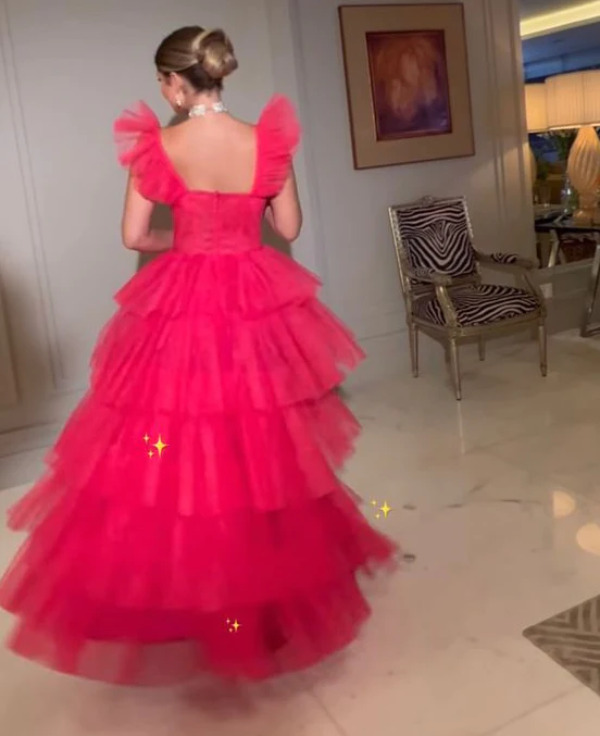 Pink Tulle Prom Dress Long Evening Dress