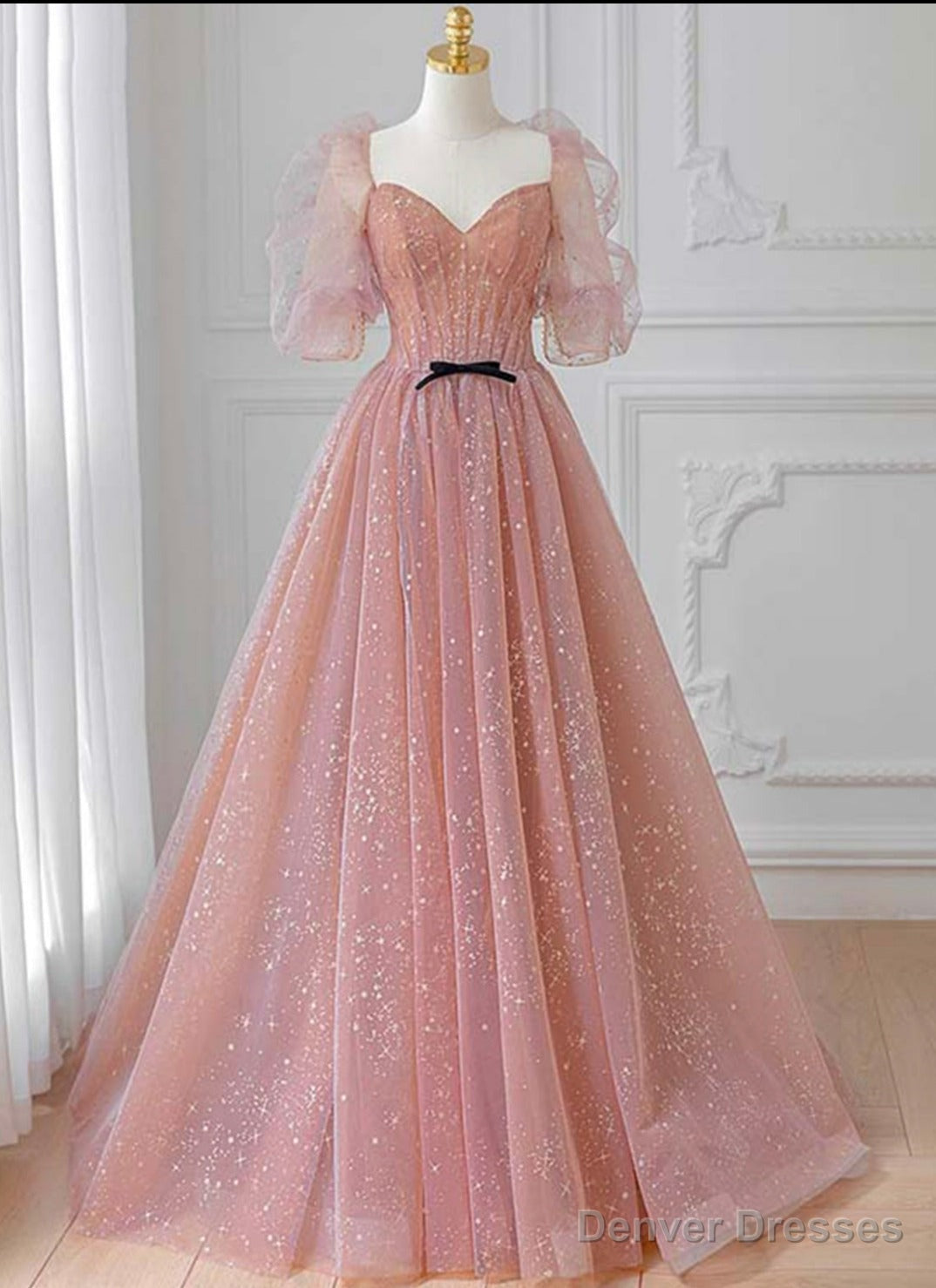 Pink Tulle Puffy Sleeves Long Prom Dress, Pink A-line Evening Dresses Secondary image