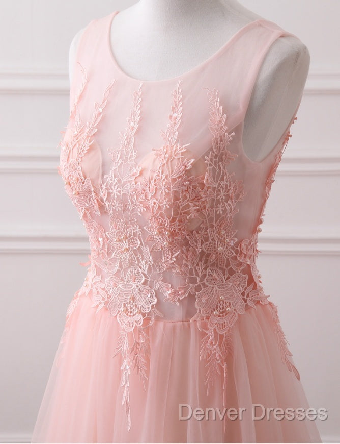 Pink Tulle Round Lace Applique Long Formal Dress, Pink Tulle Junior Prom Dress Party Dress Secondary image