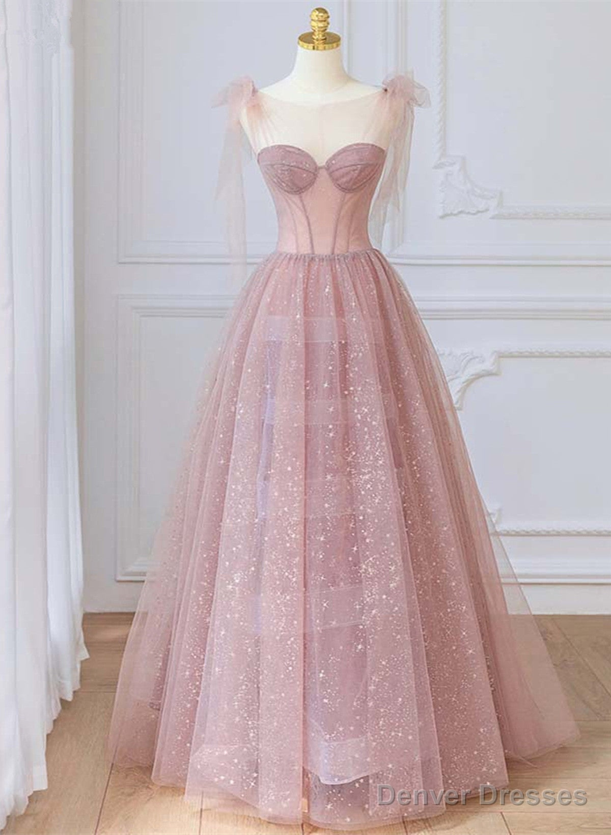 Pink Tulle Round Neckline A-line Party Dress, Pink Floor Length Evening Dress Main image