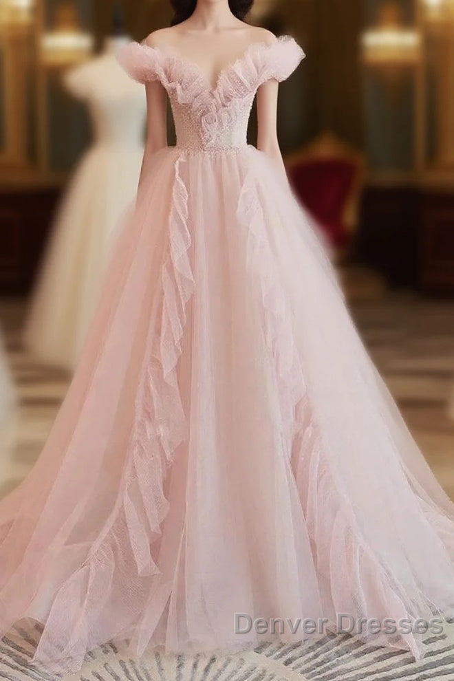 Pink Tulle Ruffles Off The Shoulder Long Prom Dress Main image