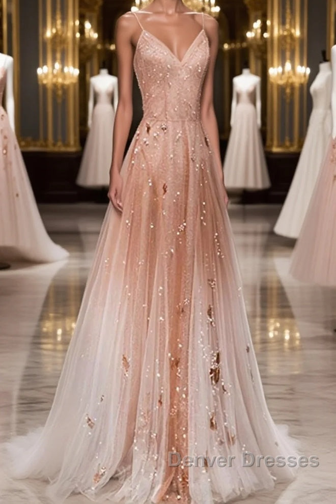 Pink tulle sequin beads long prom Dress pink tulle formal Dress Main image