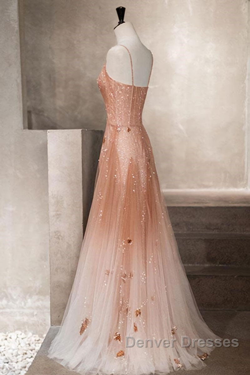 Pink tulle sequin beads long prom Dress pink tulle formal Dress