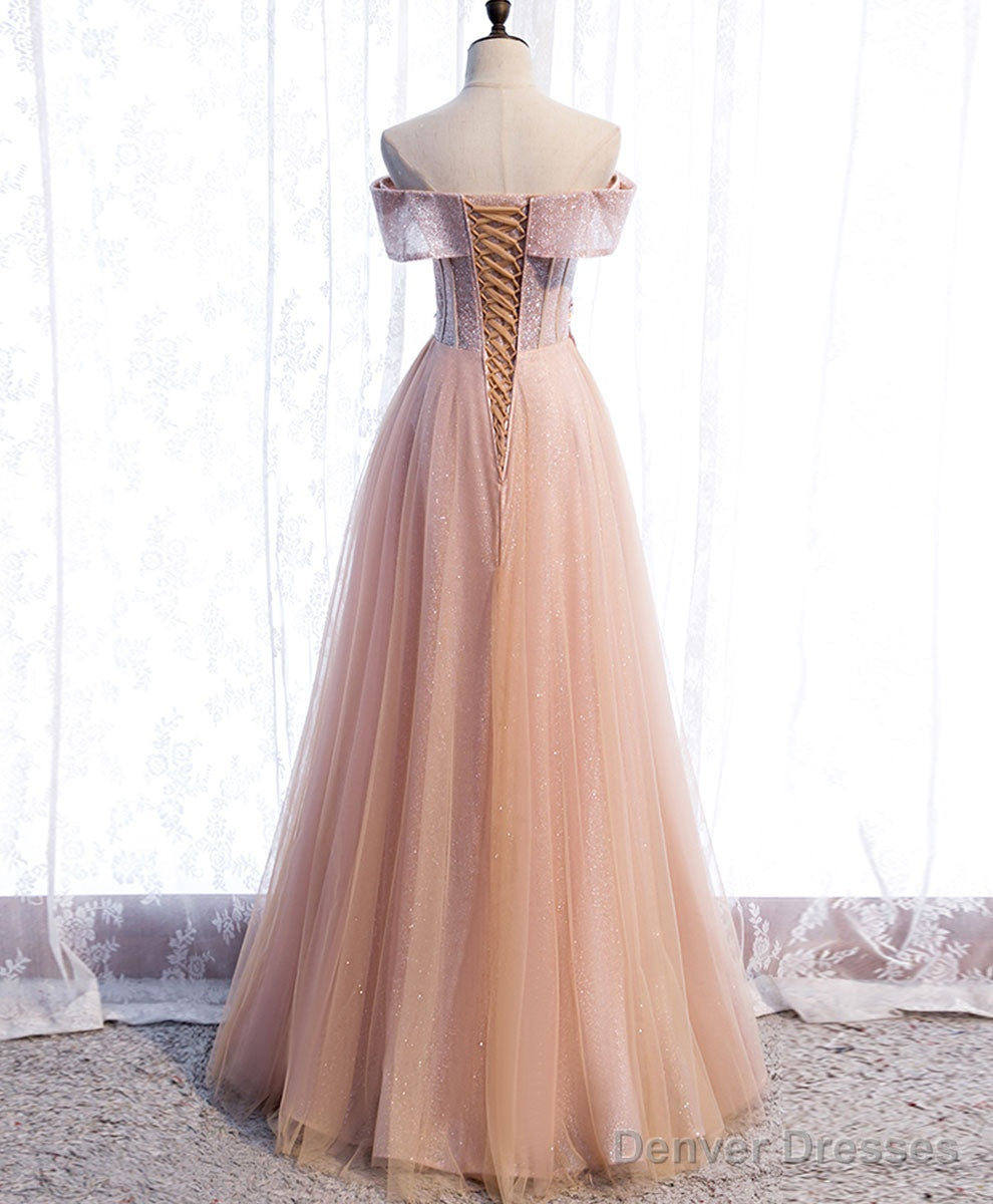 Pink Tulle Sequin Beads Long Prom Dress, Pink Tulle Formal Dresses