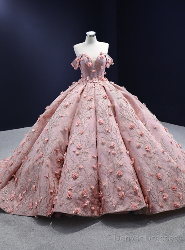 Pink Tulle Sequins 3D Appliques Off the Shoulder Prom Dress Main image