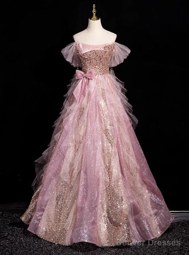 Pink Tulle Sequins Beading Bow Prom Dress Main image