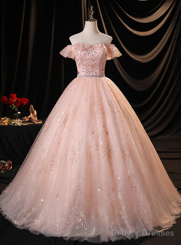 Pink Tulle Sequins Beading Off the Shoulder Quinceanera Dress Main image