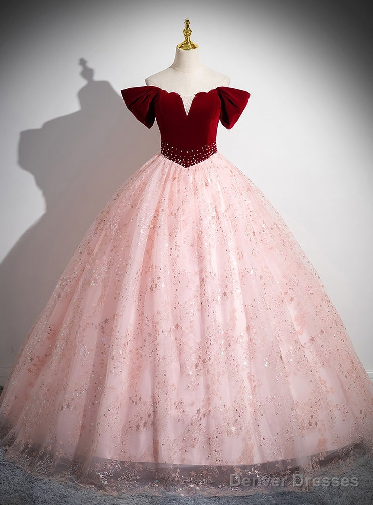 Pink Tulle Sequins Burgundy Velvet Off the Shoulder Quinceanera Dress Main image
