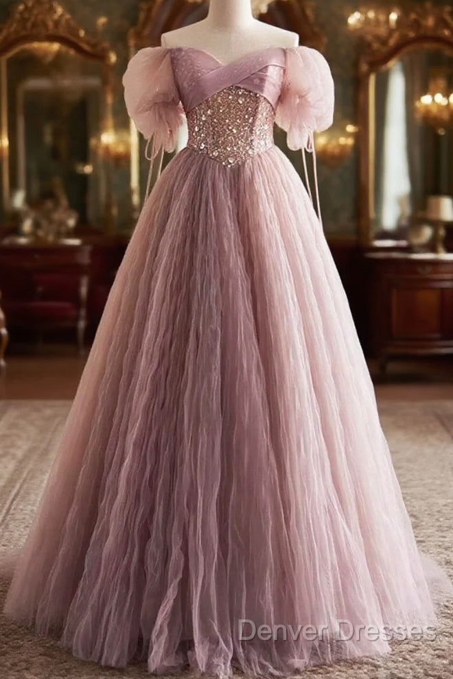 Pink Tulle Sequins Floor Length Prom Dress, Beautiful Off The Shoulder Evening Party Dress Main image