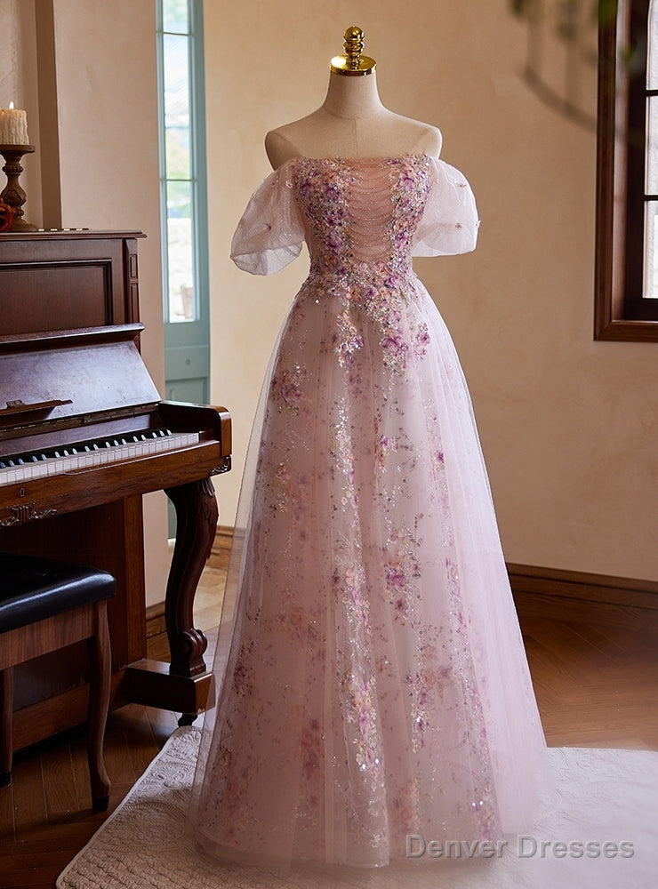 Pink Tulle Sequins Flower Prom Dress Main image
