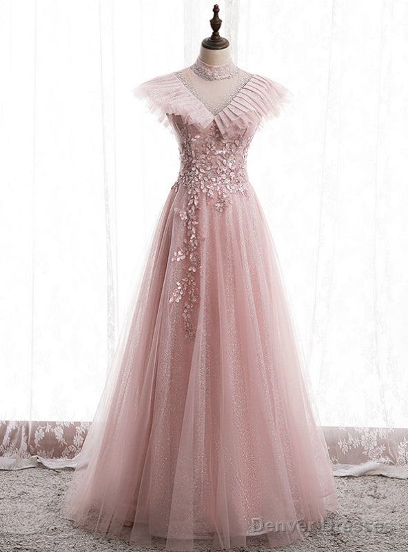 Pink Tulle Sequins High Neck Backless Appliques Prom Dress Main image