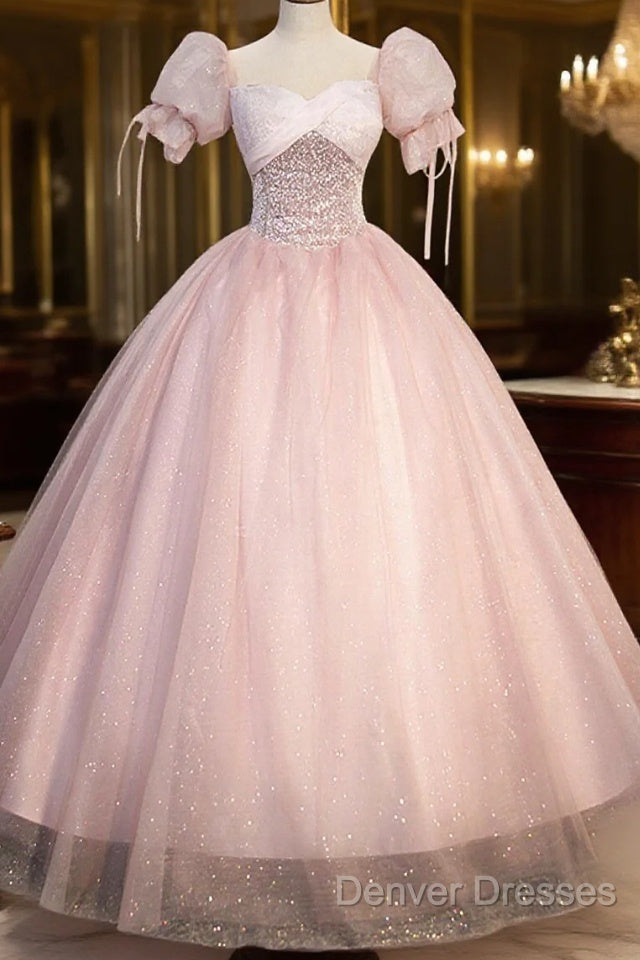 Pink Tulle Sequins Long Prom Dress, Lovely A-Line Short Sleeve Evening Party Dress Main image