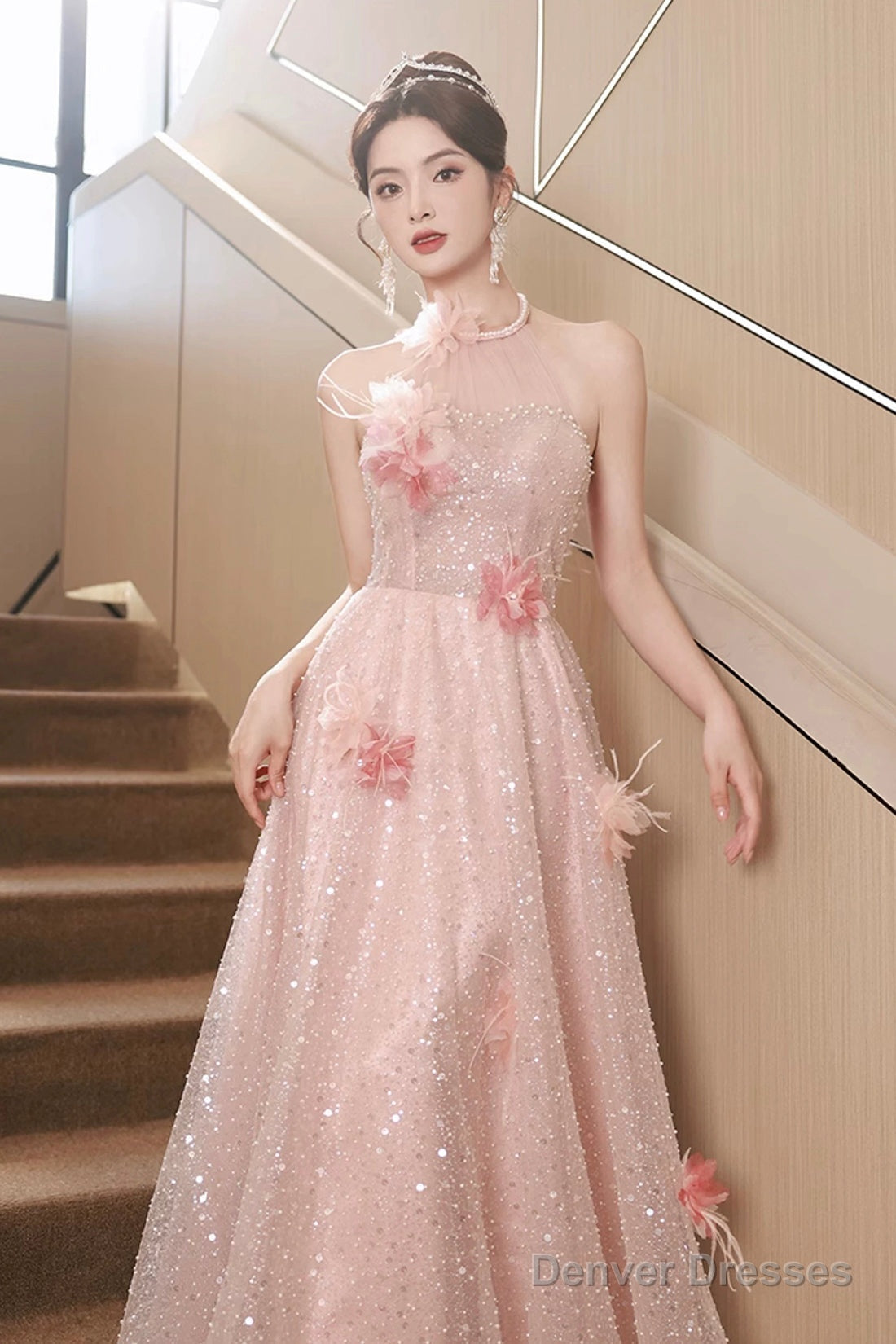Pink Tulle Sequins Long Prom Dresses, Pink Off Shoulder Evening Dresses Secondary image