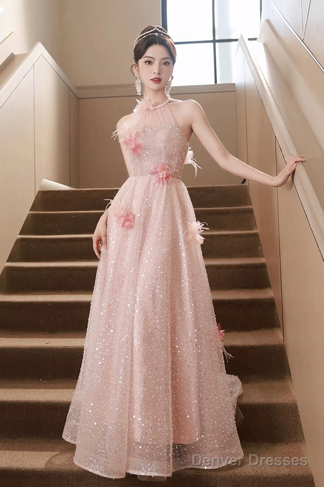 Pink Tulle Sequins Long Prom Dresses, Pink Off Shoulder Evening Dresses Main image