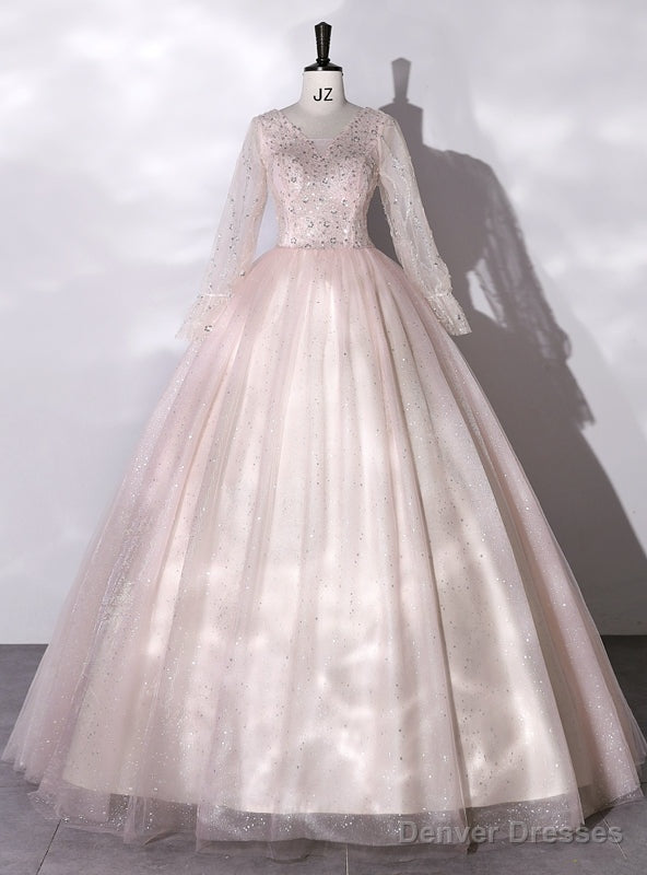 Pink Tulle Sequins Long Sleeve V-neck Quinceanera Dress Main image