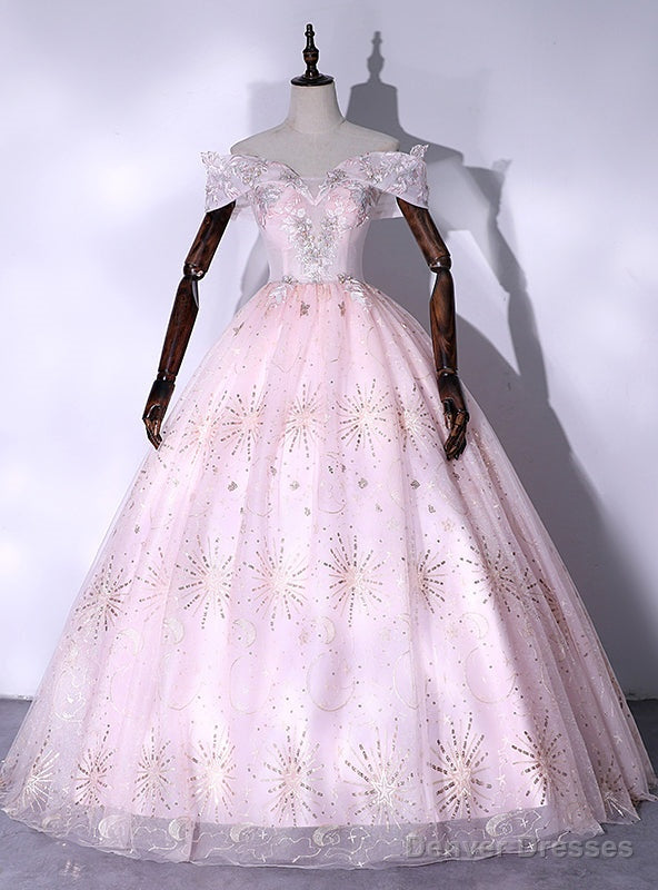 Pink Tulle Sequins Off the Shoulder Appliques Quinceanera Dress Main image