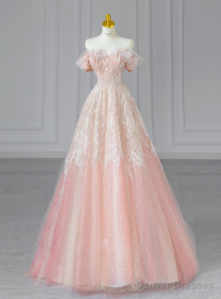 Pink Tulle Sequins Off the Shoulder Bead Prom Dress