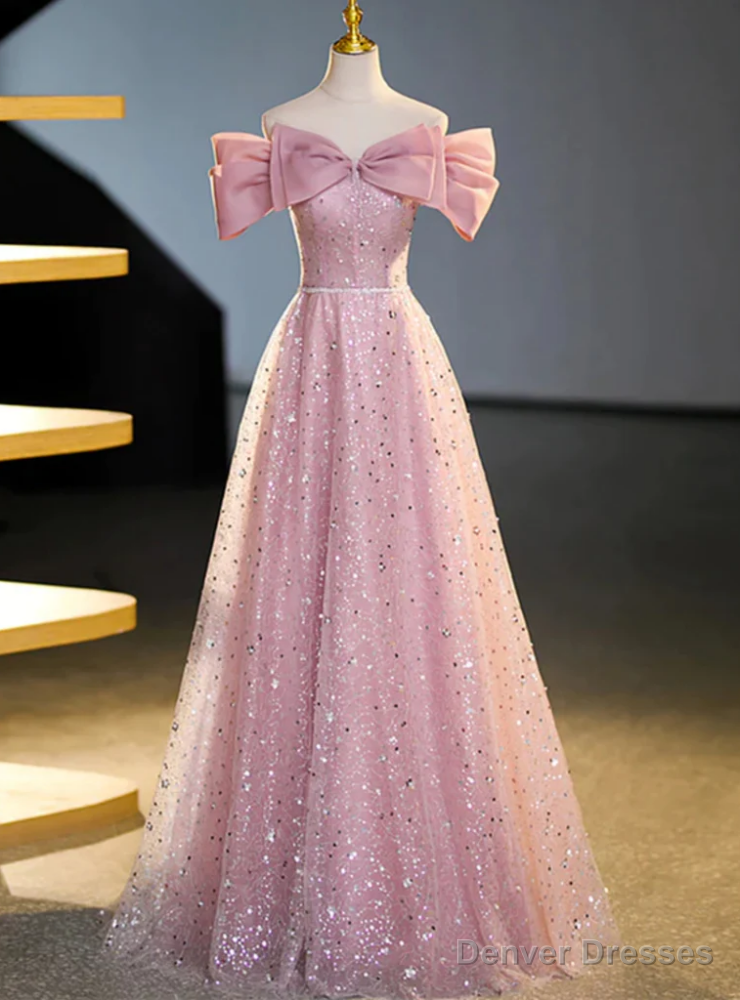 Pink Tulle Sequins Off the Shoulder Bow Prom Dress Main image