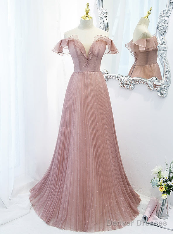 Pink Tulle Sequins Off the Shoulder Pleated Prom Dress Main image