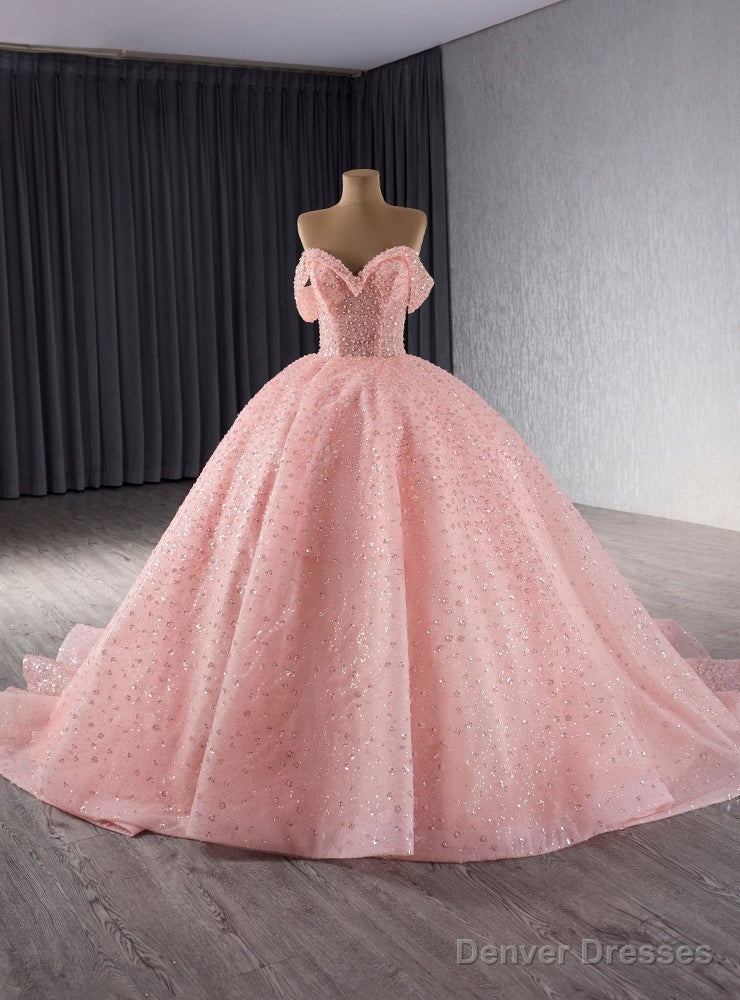 Pink Tulle Sequins Off the Shoulder Princess Prom Dress Main image