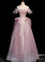 Pink Tulle Sequins Pearls Off the Shoulder Prom Dress