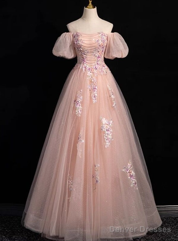Pink Tulle Sequins Puff Sleeve Flower Prom Dress Main image