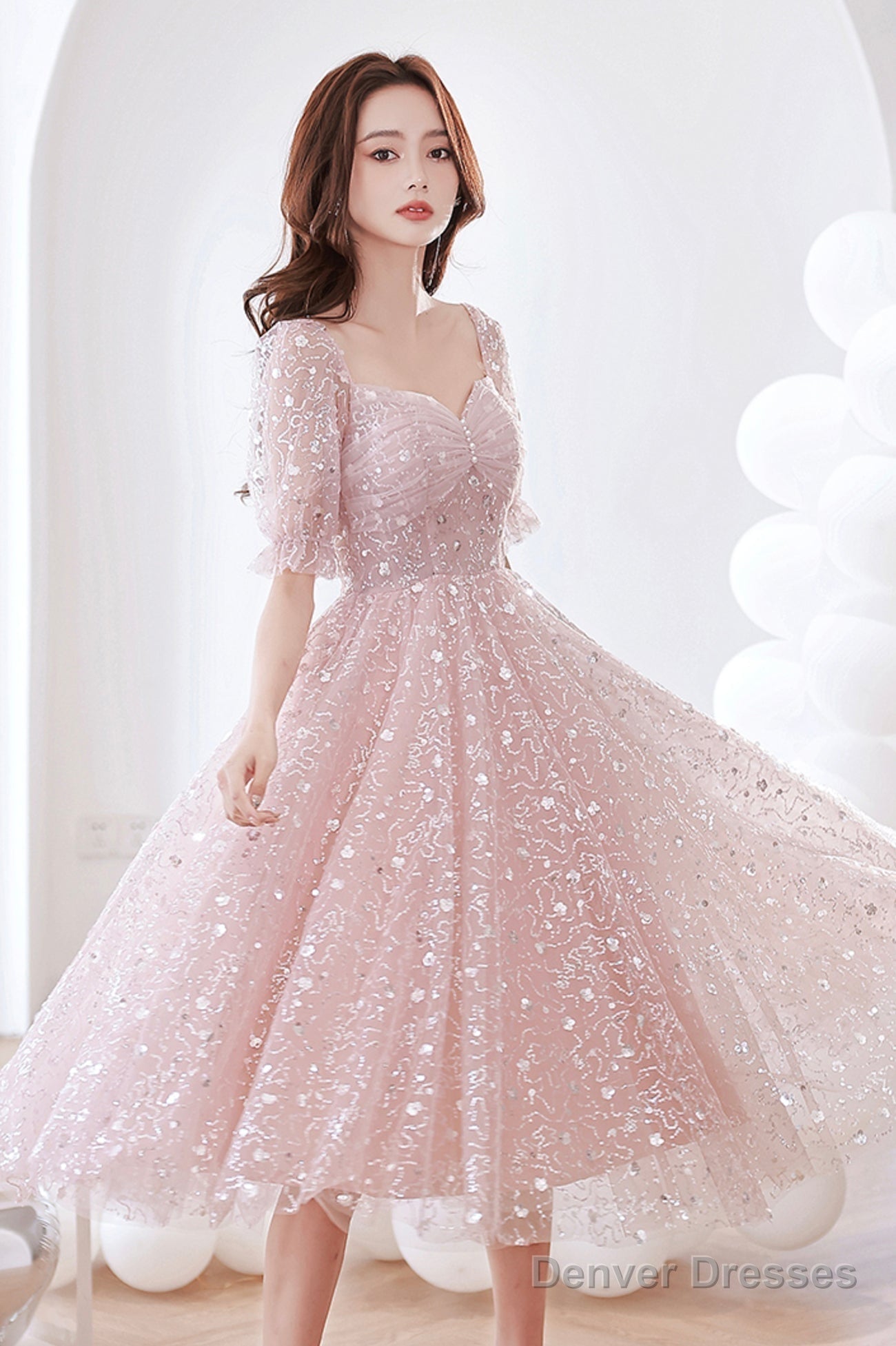 Pink Tulle Sequins Short A-Line Prom Dress, Cute Short Sleeve Evening Party Dress Secondary image