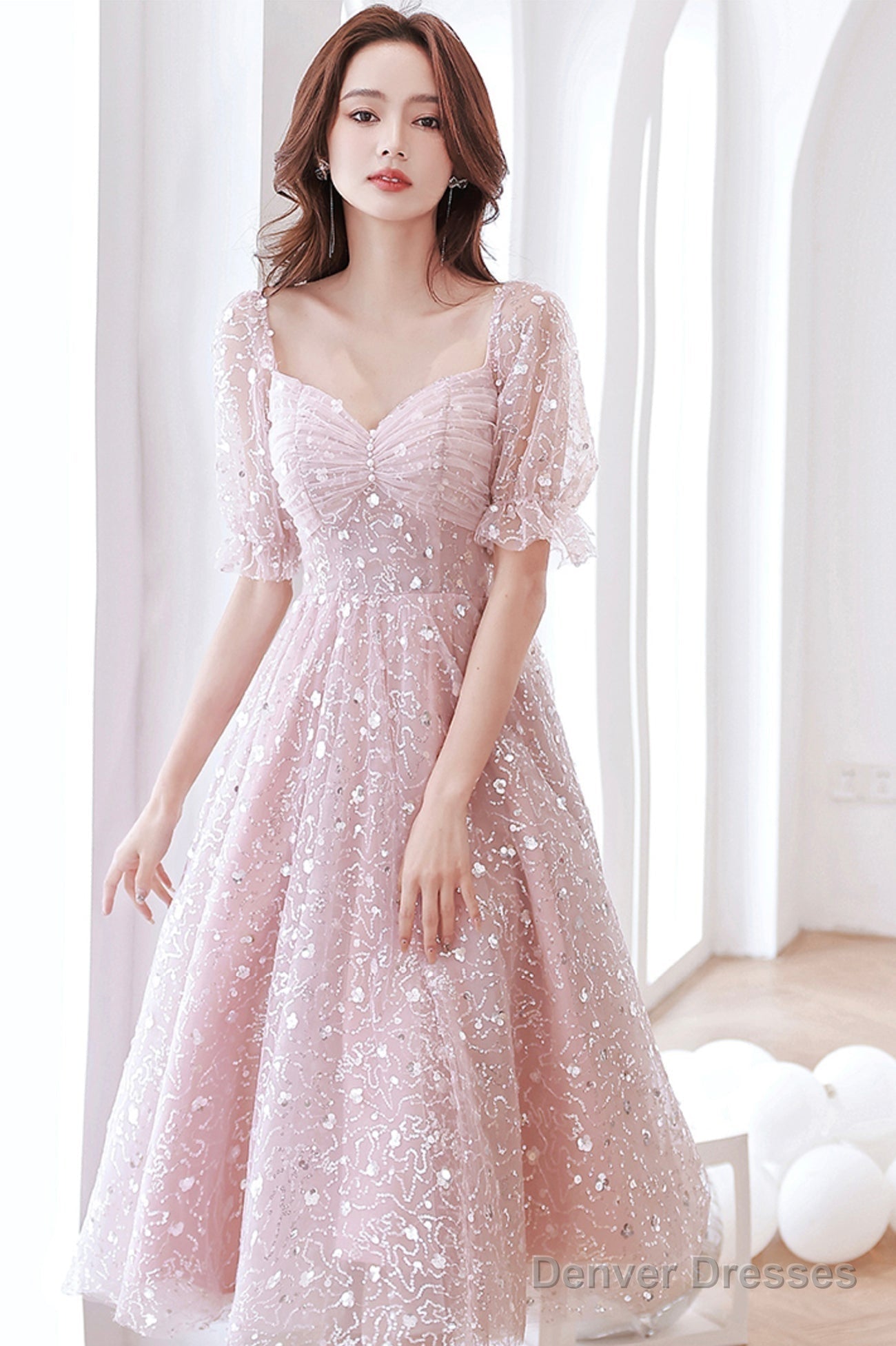 Pink Tulle Sequins Short A-Line Prom Dress, Cute Short Sleeve Evening Party Dress Main image