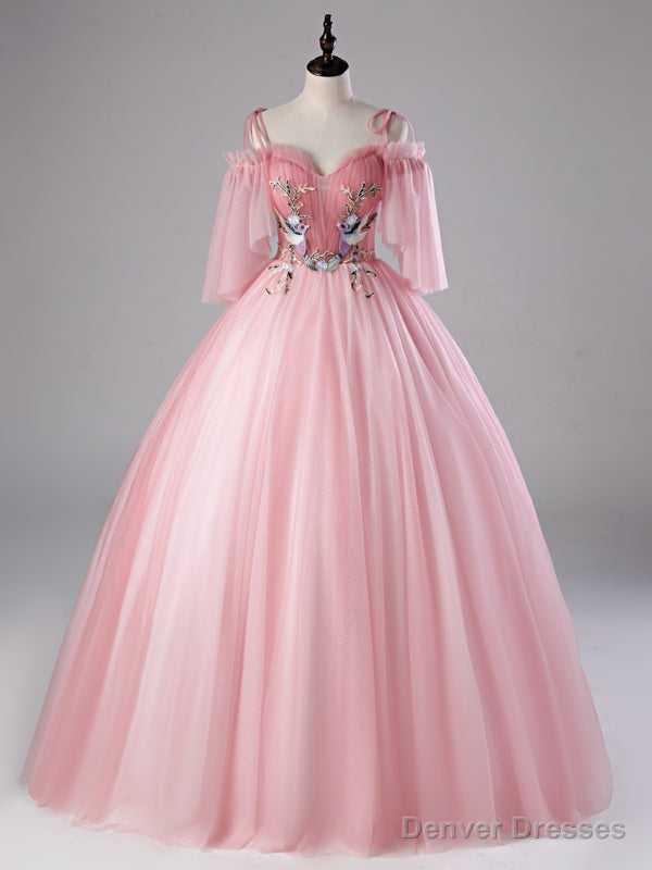 Pink Tulle Sequins Spaghetti Straps Appliques Quinceanera Dress Main image