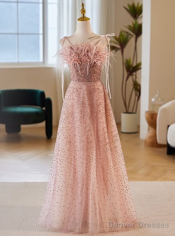 Pink Tulle Sequins Spaghetti Straps Feather Prom Dress Main image