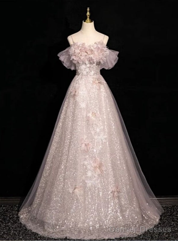 Pink Tulle Sequins Spaghetti Straps Flower Prom Dress Main image