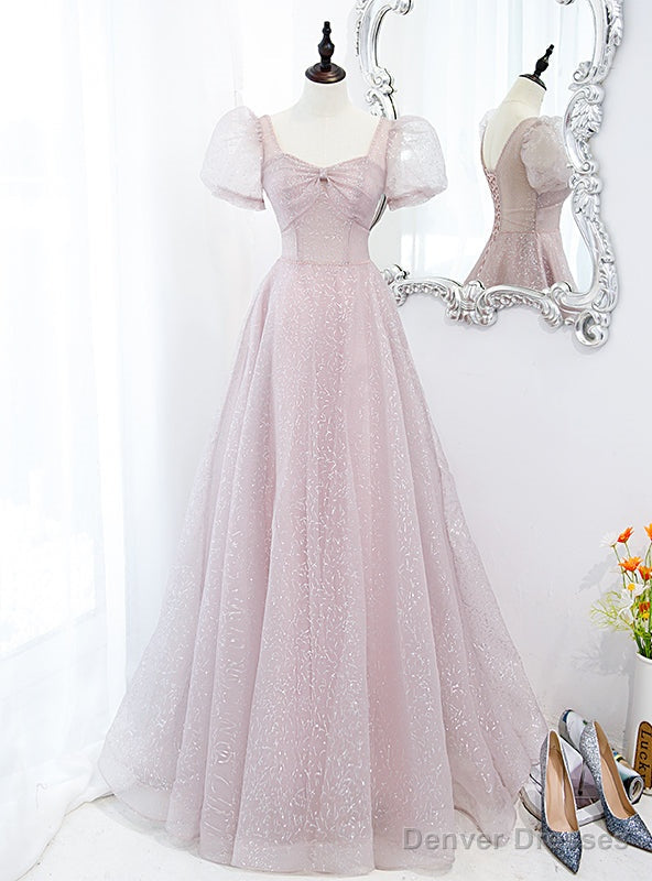 Pink Tulle Sequins Square Puff Sleeve Prom Dress Main image