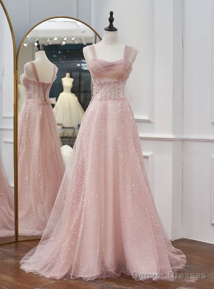 Pink Tulle Sequins Straps Beading Prom Dress Main image