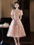 Pink Tulle Sequins Sweetheart Short Prom Dress, Pink Short Sleeve Party Dress